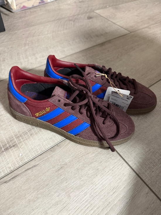 adidas Shoes - adidas Burgundy Suede Sneakers with Blue Stripes and Red Collar
